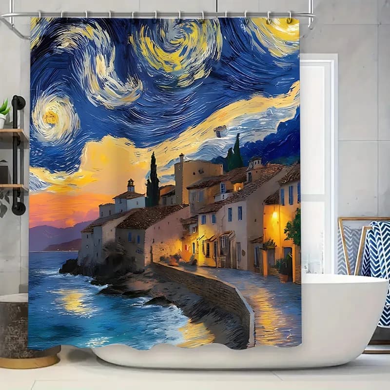 Tenda da doccia con scena notturna stellata, design artistico del paesaggio per la decorazione del bagno, impermeabile, durevole, facile da pulire e mantiene