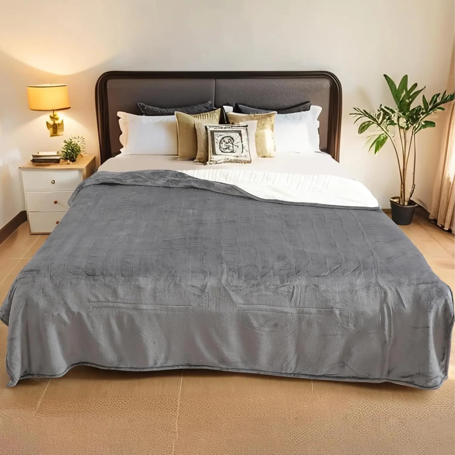 Coperta riscaldata elettrica a grandezza naturale, flanella 72x84, 10 livelli di calore, spegnimento automatico, lavabile per letto in grigio chiaro