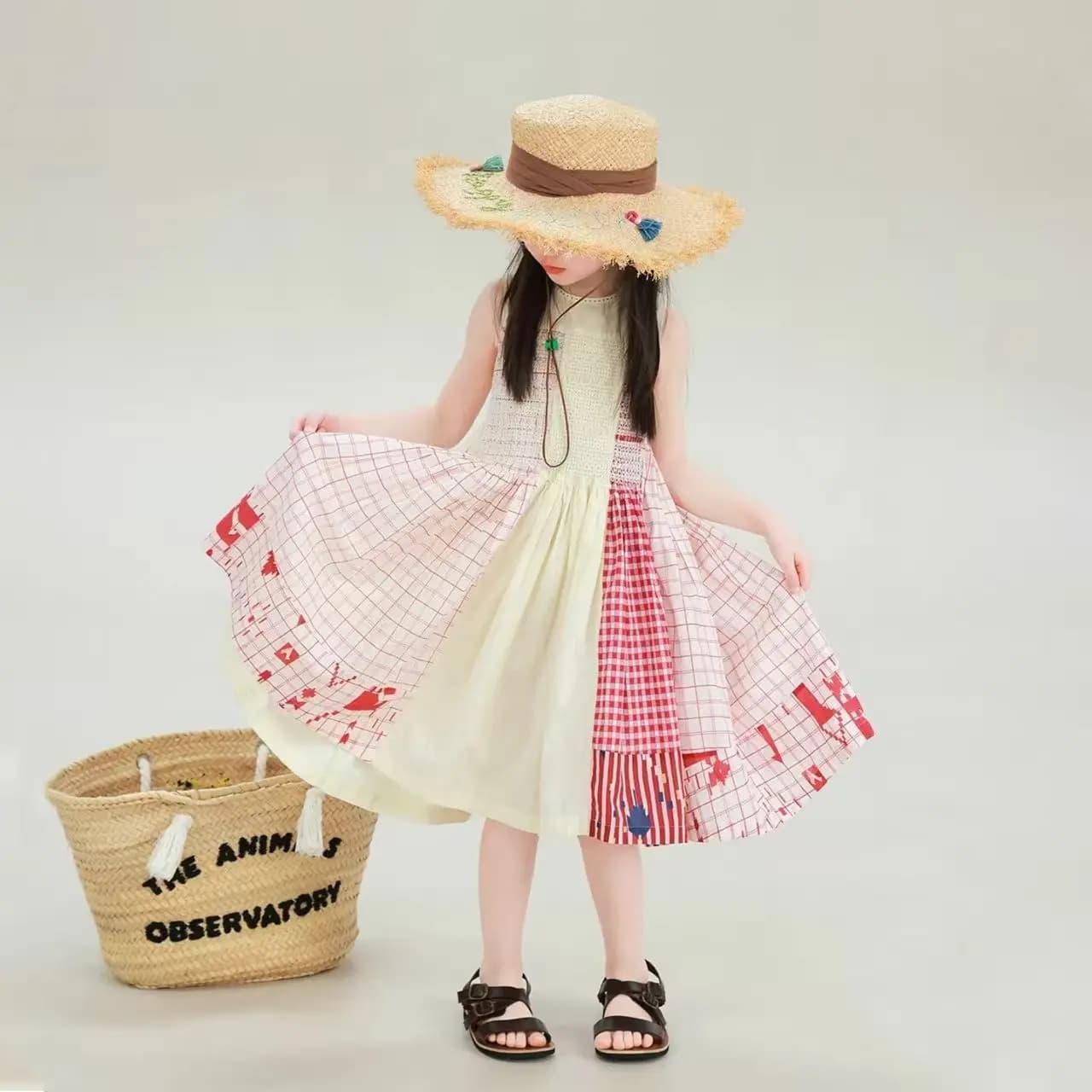 Abito estivo unico e bellissimo per bambina, gonna a gilet per vacanze al mare, gonna da spiaggia a quadri color block per bambina