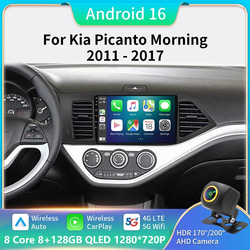 Android 16 Per Kia Morning Picanto 2011 - 2017 LHD QLED Android Auto Radio Lettore Video Multimediale BT Stereo CarPlay 5G WIFI GPS