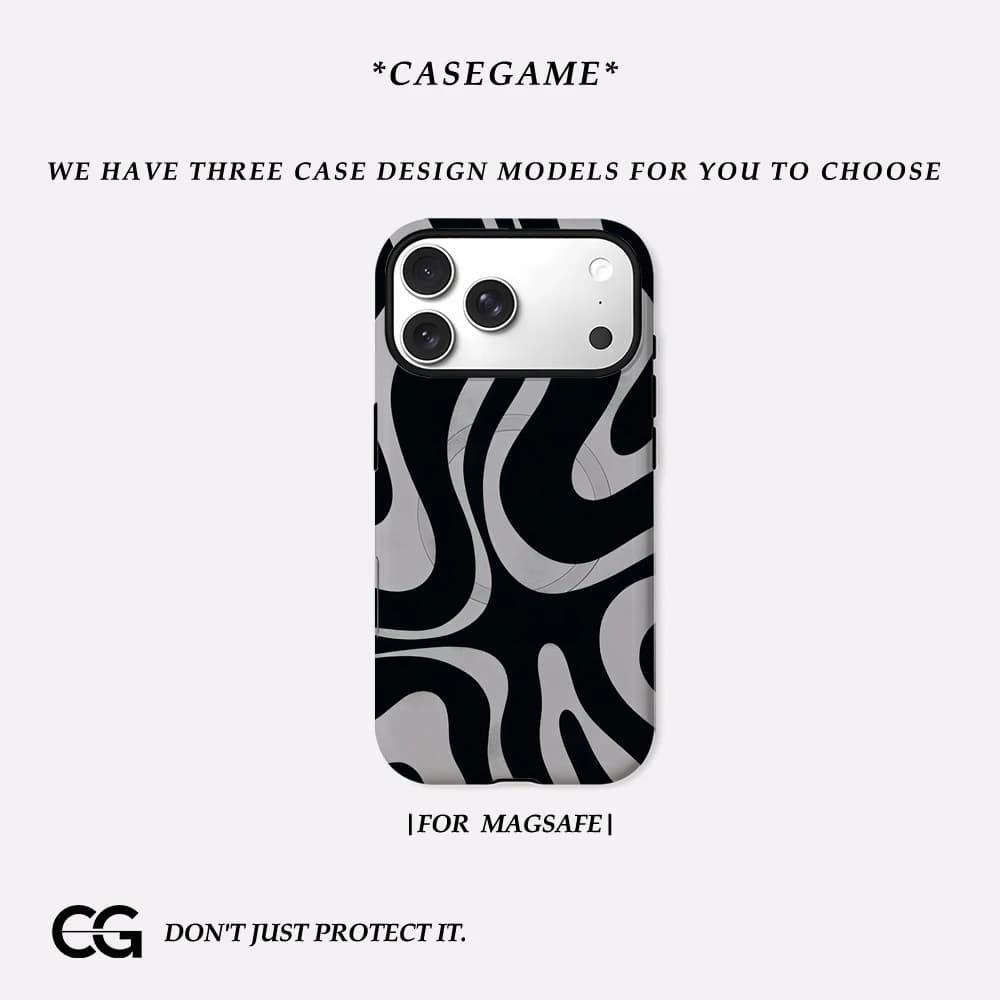 Casegame Cover Opaca Antiurto per iPhone 17 16 15 14 Plus 13 Pro Max con Bumper per MagSafe, in PC Rigido, Nera Bianca con Motivo a Onde