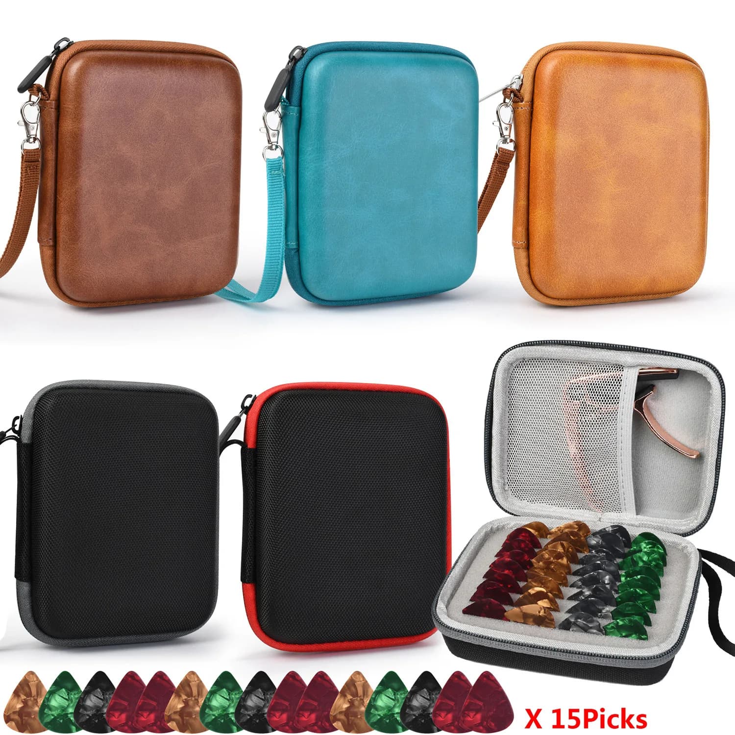 Scatola portaoggetti per plettro per chitarra Borsa portaoggetti per accessori per chitarra + custodia porta plettro per 15 plettri