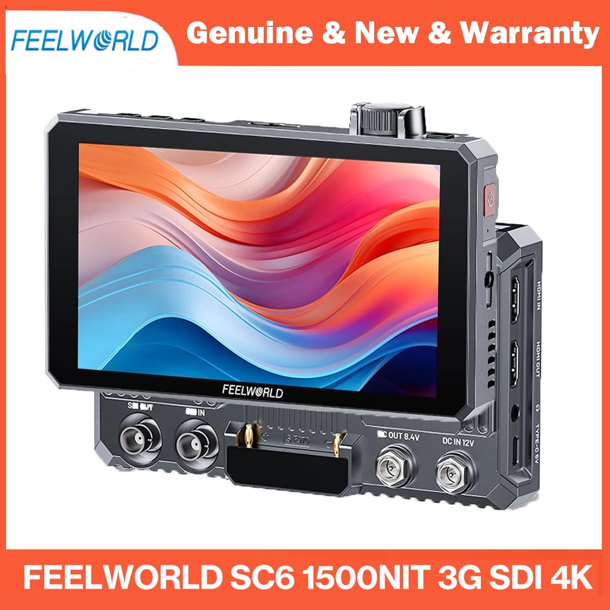 Monitor per fotocamera FEELWORLD SC6 6'' 1500 nit Full HD con ingresso/uscita 3G-SDI e 4K HDMI, touchscreen, controllo a manopola, HDR, 3D LUT per DSLR e Mirrorless