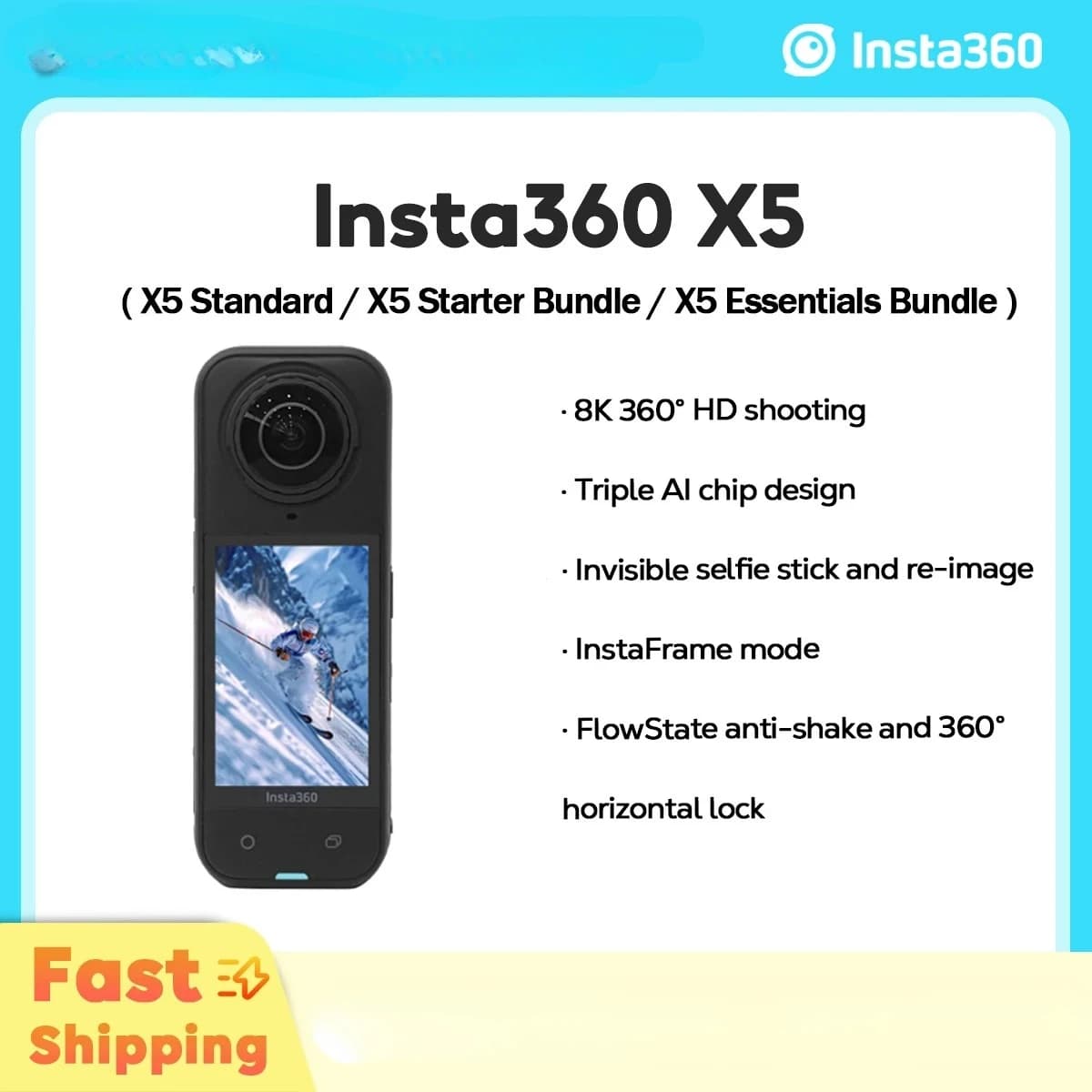 Insta360 X5 Action Camera 2025 Nuove lenti sostituibili 8K 30fps Triple chip AI Luce bassa superiore 185 minuti Run Life Insta 360 X5