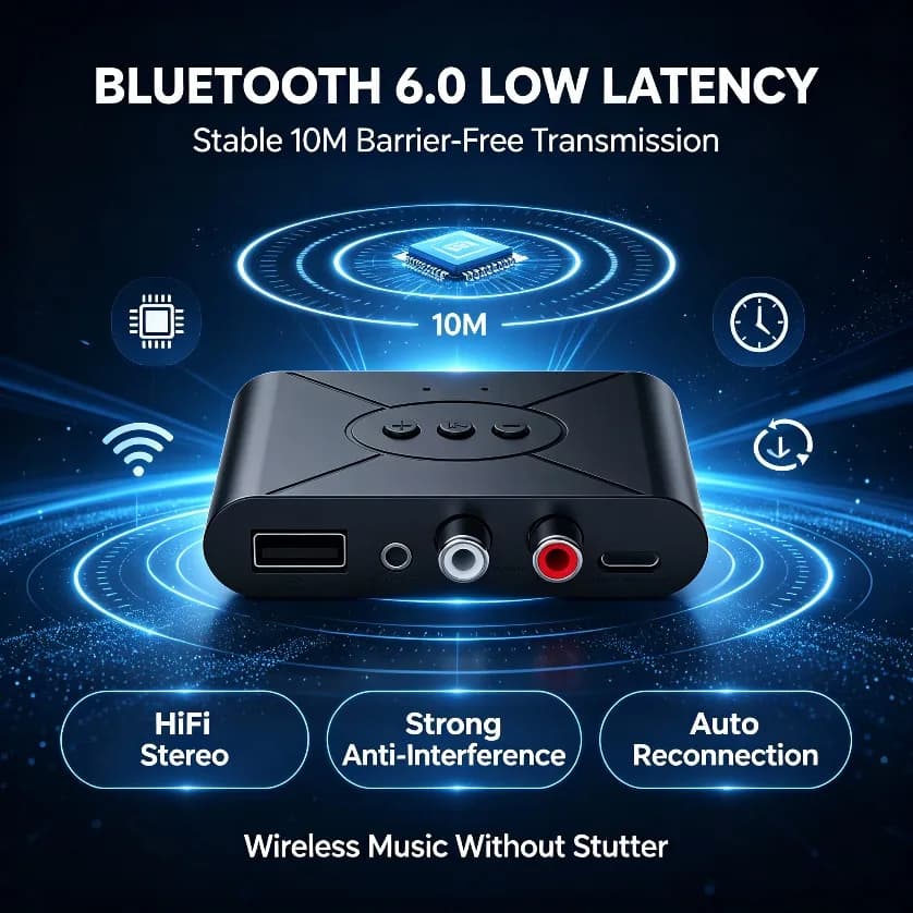 Bluetooth Stereo Receiver 6.0 Wireless Audio Adapter RCA 3.5mm AUX USB Drive HiFi Low Latency for Car Speaker