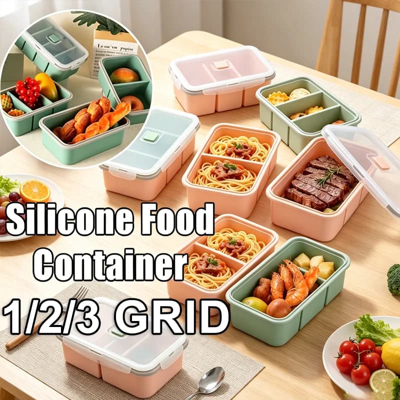 Reusable Large Divided Silicone Bento Box Microwave Safe Food Storage Container with Soup Cup Lunch Bowl for Meal Prep