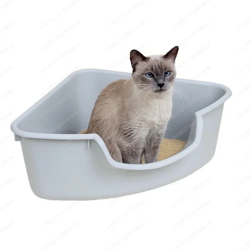 Lettiera per gatti triangolare grande e aperta in plastica, vasca angolare per gatti