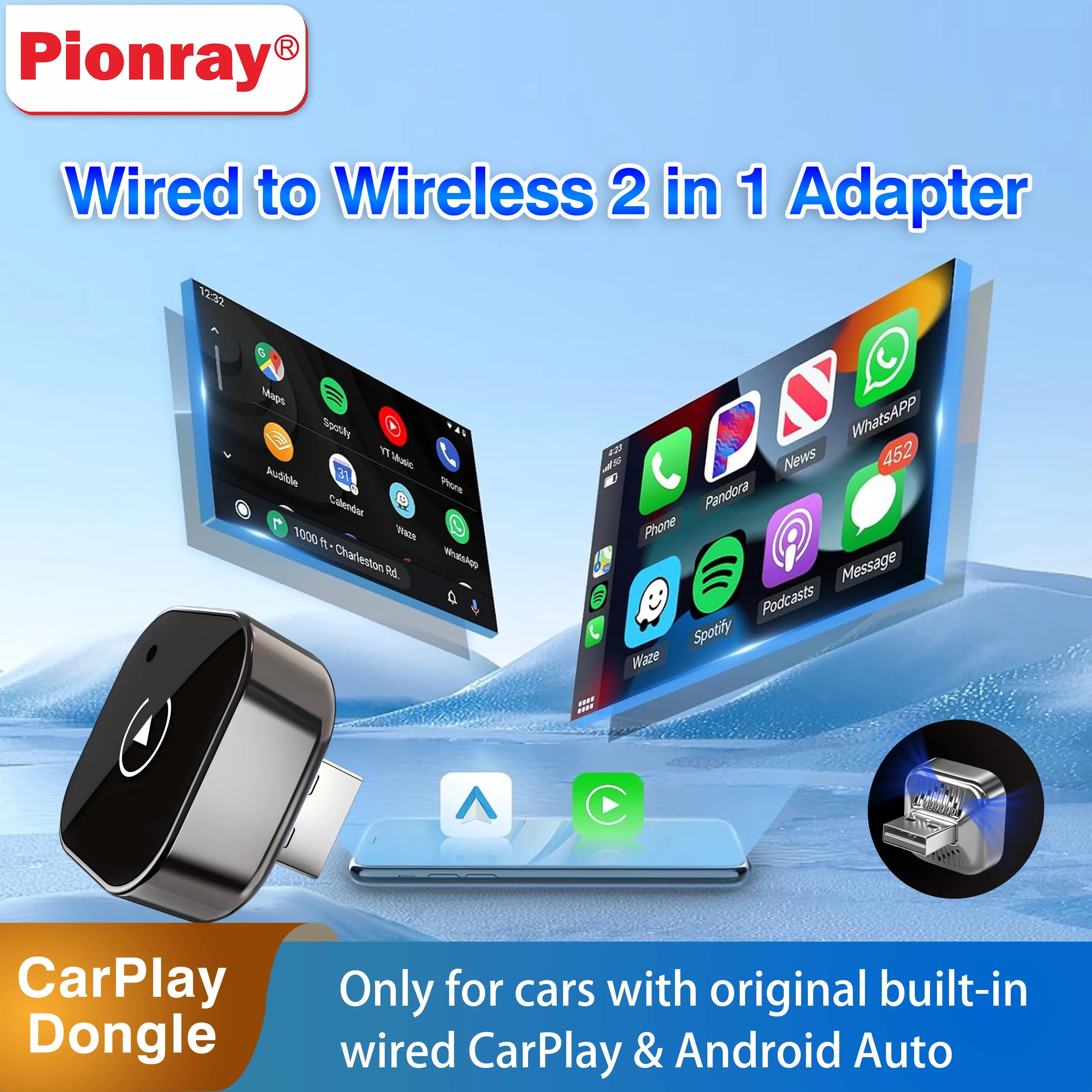 Nuovo adattatore wireless CarPlay Pionray 2 in 1 e adattatore wireless Android Auto, WiFi 5Ghz Type-C/USB Plug Play CarPlay Wireless