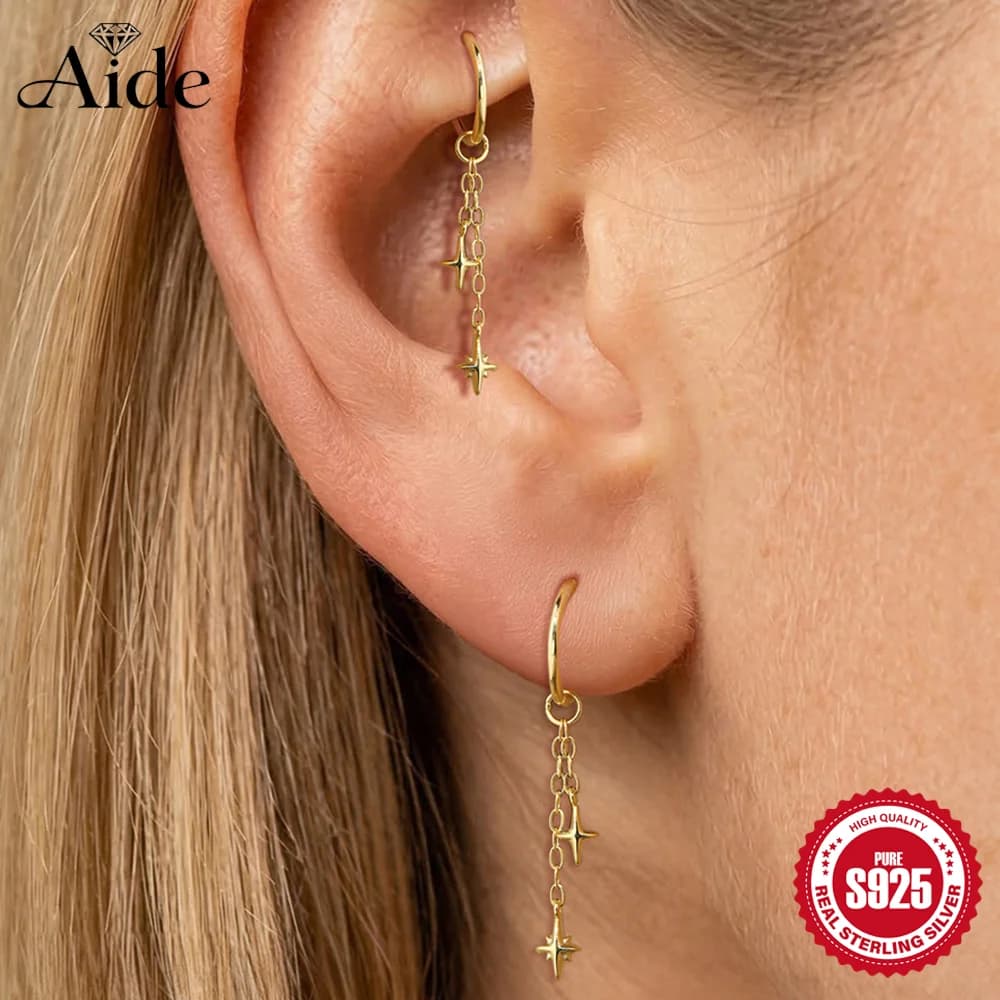 AIDE 925 Sterling Silver Classic Smooth Eight Pointed Star Chain Tassel for Women Flat Back Piercing Exquisite Ear Bone Hoop