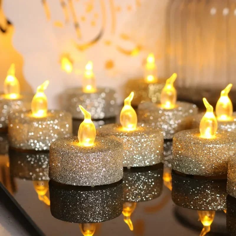 12 pezzi/pacco luci di candela LED senza fiamma in polvere d'oro in plastica creativa, decorazioni natalizie, luci di candela elettroniche per decorazioni per la casa,