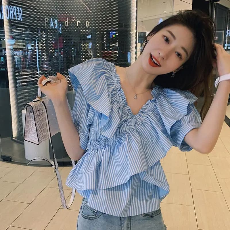 Fashion printed impiombata volant curling striped blouse women clothing 2023 summer new pullover Casual sweet shirt all-fly