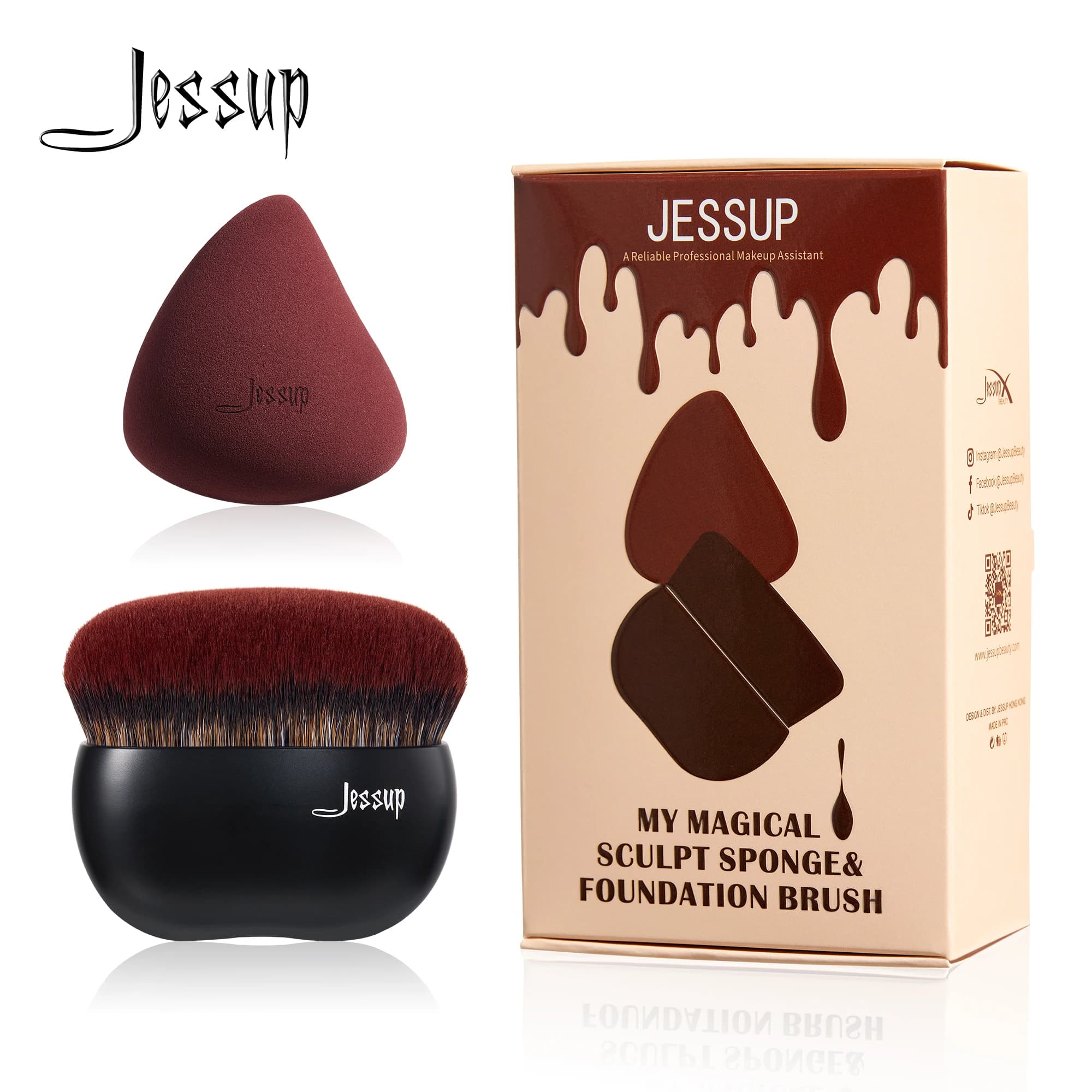 Jessup Pennello per fondotinta con spugna per trucco, Pennello per trucco nero Pennello Kabuki a sommità piatta per punteggiatura di miscelazione liquida, T881