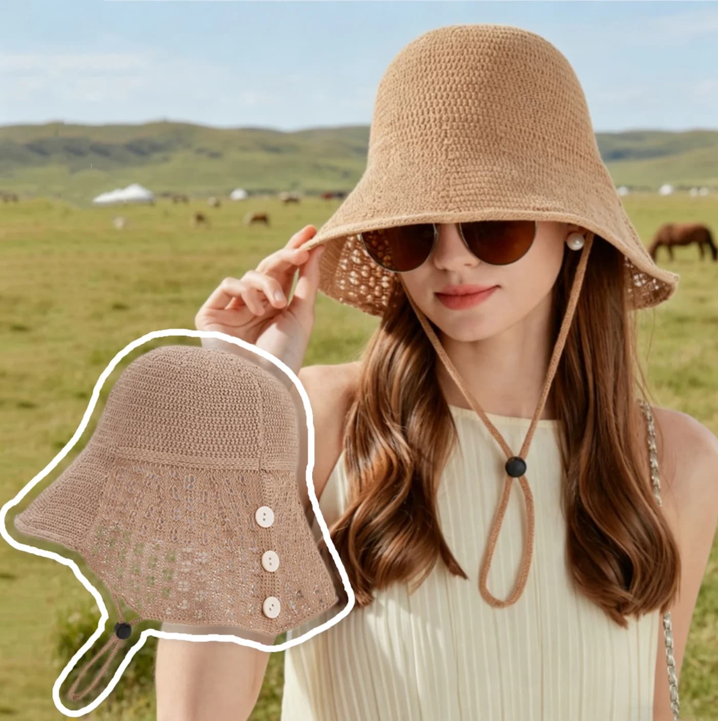 Cappello da pescatore estivo lavorato a maglia con tesa larga per la protezione solare da donna, traspirante e anti-UV, con cinturino antivento, leggero e pieghevole, stile delicato con decorazione a bottone