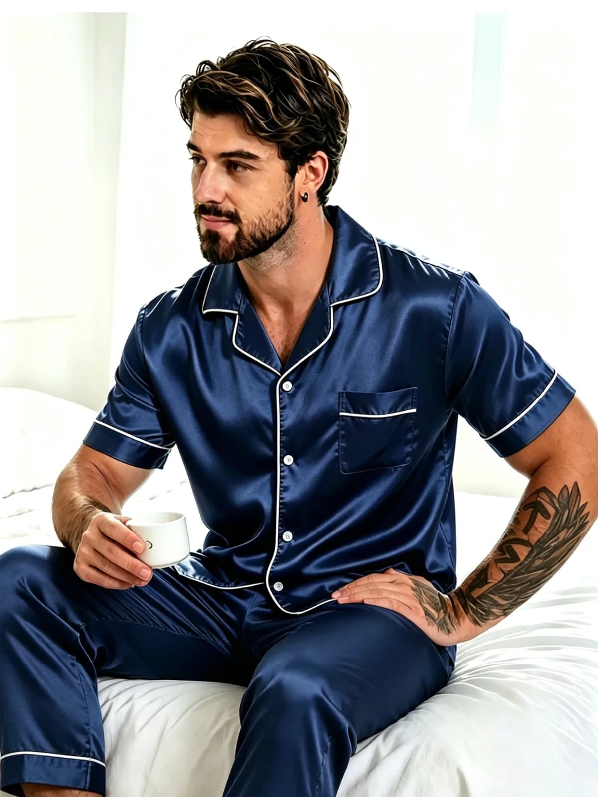 Mens Silk Satin Pajama Set Short Sleeve Lapel Button Shirt Elastic Waist Long Pants Contrast Piping Luxury Silk Sleepwear