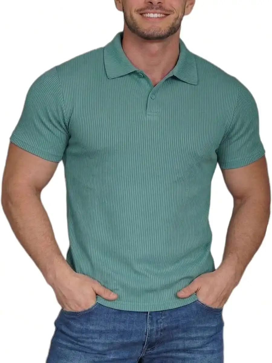 Mens Slim Fit Ribbed Shirt Short Sleeve Stretch Quick Dry Casual Golf Athletic Tee