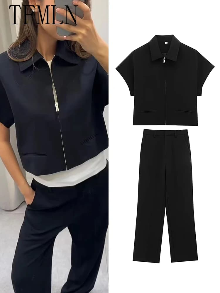 TFMLN Set casual per donna Estate 2025 Nuovo cappotto a maniche corte con cerniera sottile con risvolto Top Pantaloni a gamba larga Set a due pezzi per il tempo libero Nero