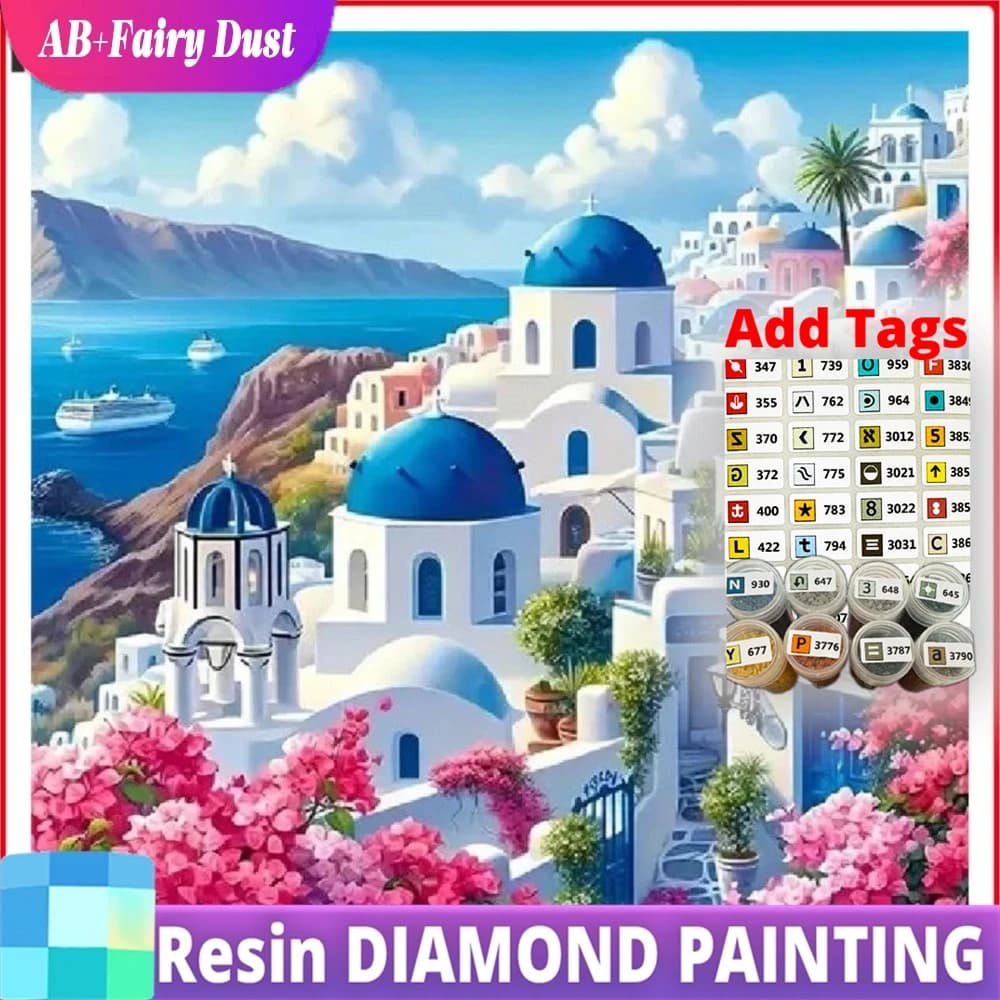Resina AB Fairy Dust per Pittura Diamante Fai da Te, Scena Floreale Vibrante Stile Santorini, Arte in Cristallo Senza Cornice per Soggiorno e Camera da Letto