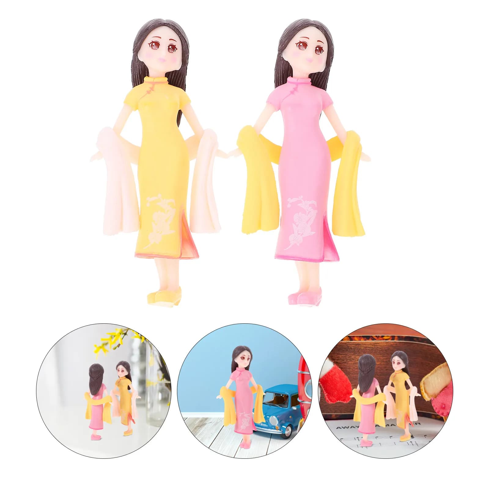 2 Raffinate Statuette in Resina di Cheongsam Cinese con Sciarpe in Seta Gialle e Rosa, Eleganti Decorazioni per Casa, Ufficio e Interni Auto