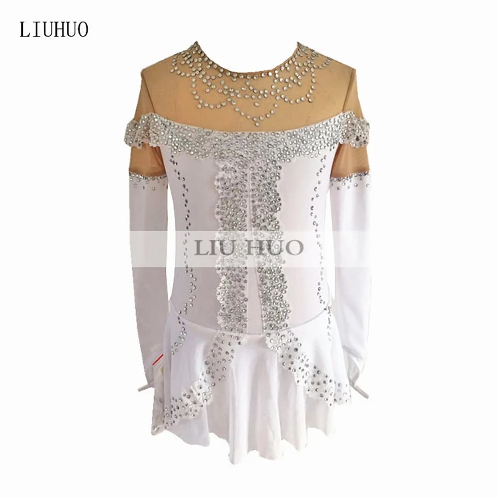 LIUHUO Vestito da Pattinaggio di Figura per Ragazze da Donna Bianco Ghiaccio Prestazioni Ginnastica Concorso Body Costume Artistico Danza Adolescenti