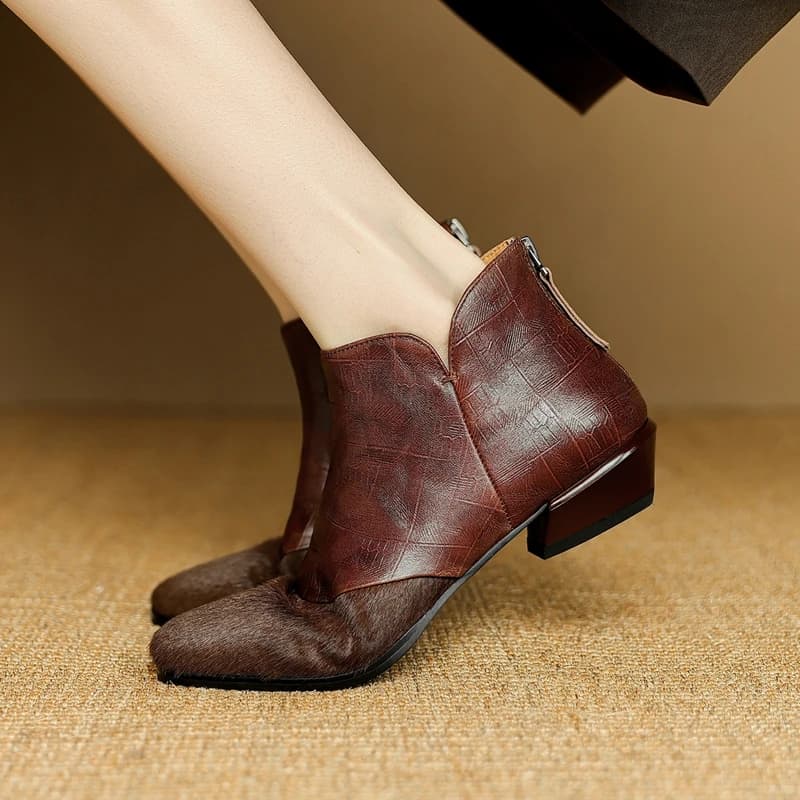 Nuova vera pelle da donna, pelle bovina, punta quadrata con giunture in crine di cavallo, cerniera posteriore, tacco medio, stivaletti Chelsea corti, stivale alla moda