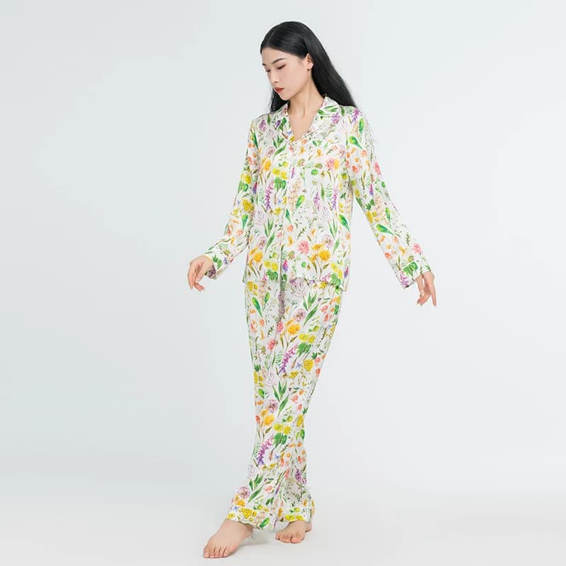 Pigiama in seta floreale da donna 100% seta di gelso a maniche lunghe, pantaloni da notte