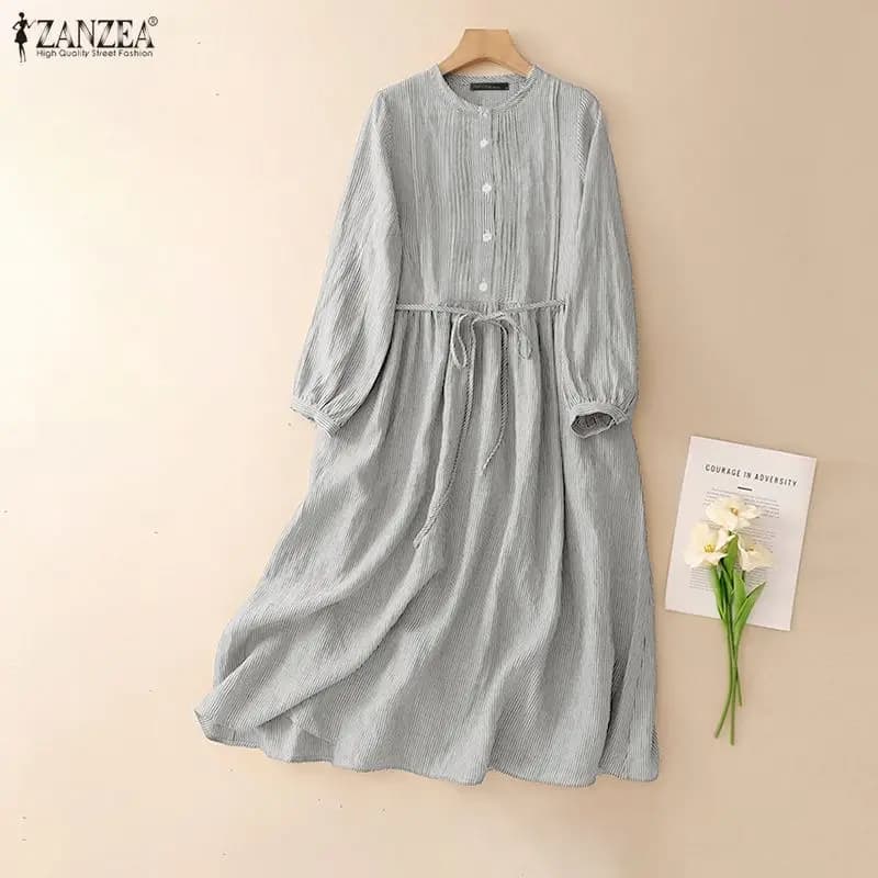 ZANZEA 2026 Abito a Righe Primaverile da Donna, Elegante Vestito da Lavoro OL, Abito Casual con Maniche Lunghe e Bottoni, Vestito Morbido per le Vacanze