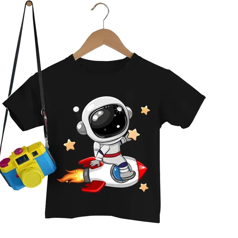 Astronauta sul razzo Stampa T-shirt Bambini T-shirt a maniche corte Cartoon Astronauta Ragazzi Ragazze T-shirt T-shirt estiva Top