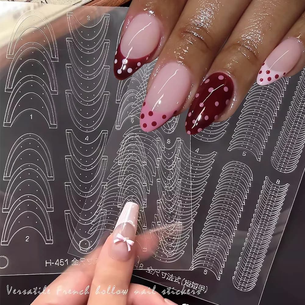1 pz. Stencil 3D per French Manicure, Adesivi per Unghie Autoadesivi, Decalcomanie per Unghie Francesi Traforate, Strisce Ondulate, Slider per Manicure