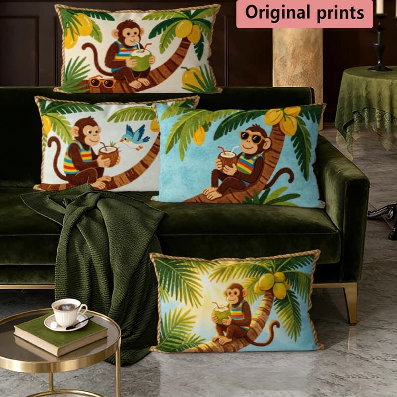 Summer Coconut Monkey Throw Pillow Covers Suitable For Sofa Bedroom Car Cushion Rectangular Back Cushion