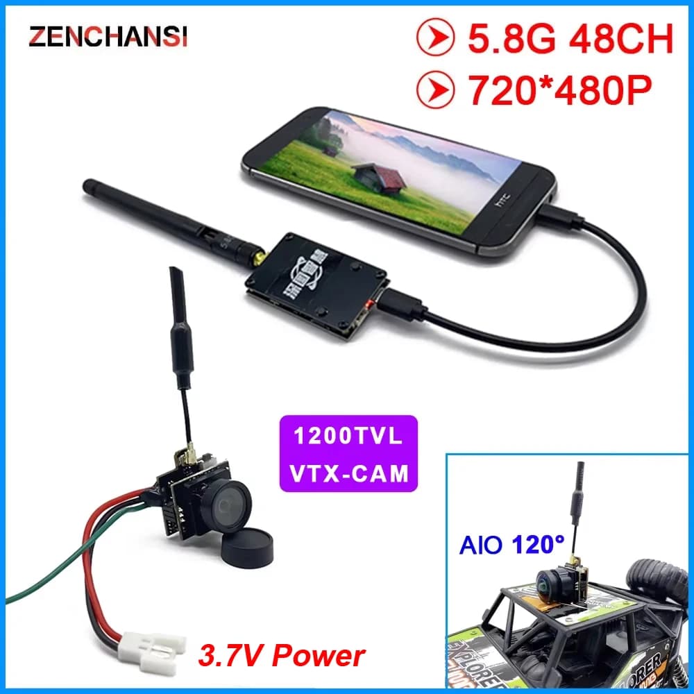 5.8G 48CH 200mW Transmitter VTX-CAM 1200TVL 120 degree AIO Camera+Skydroid UVC FPV Transmitter Receiver for Android Mobile Phone