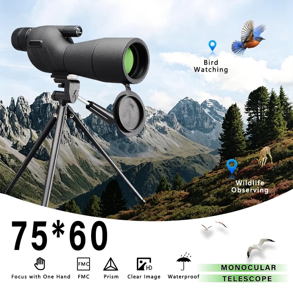 Cannocchiale Zoom 25-75x60 con Fotocamera 4K HD, Telescopio per Birdwatching con Treppiede, Attrezzatura da Campeggio per Esterni