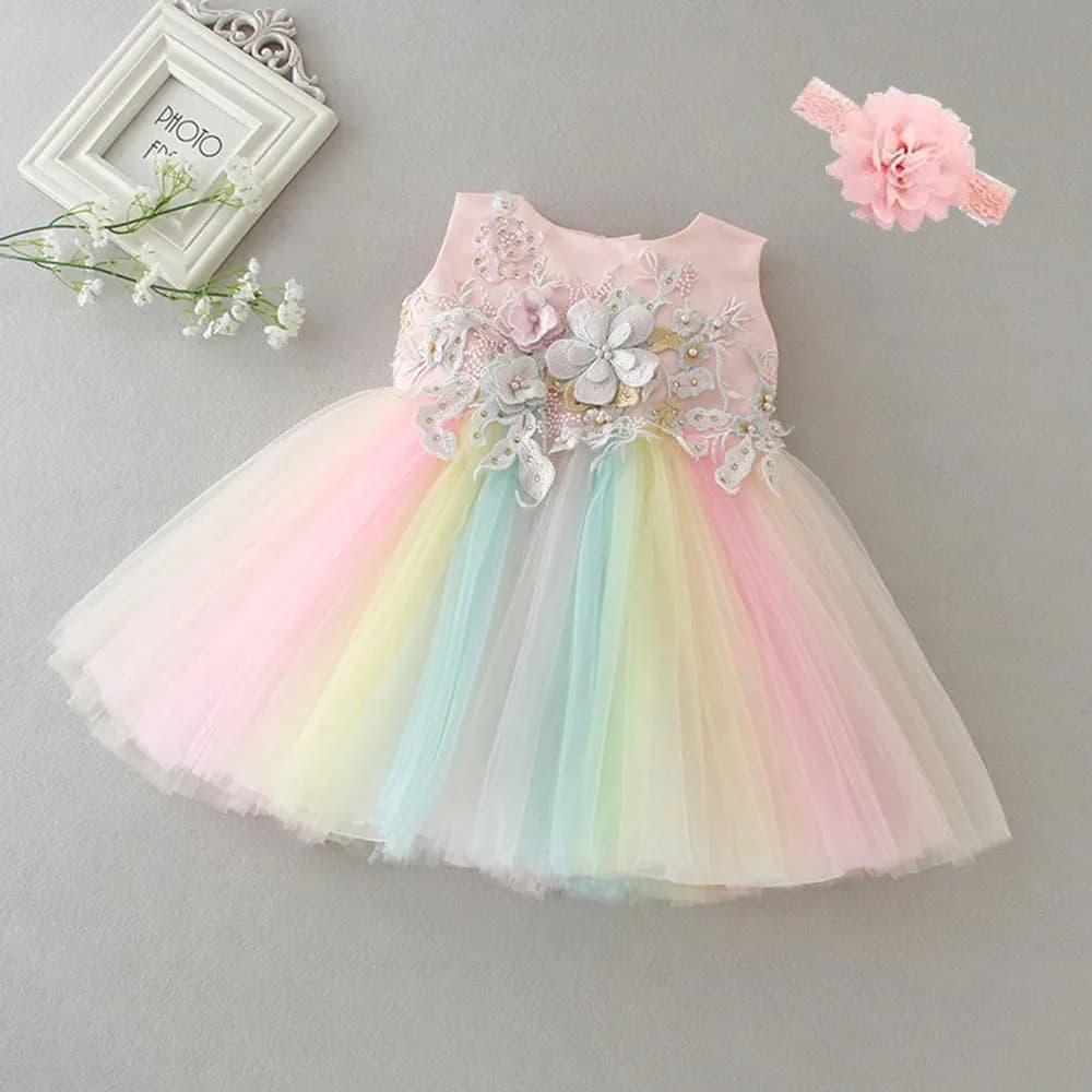 Abiti da principessa formali con applicazioni per bambini per ragazza Abito da festa di compleanno in tulle arcobaleno Abito da bambina per bambina 3-24 mesi