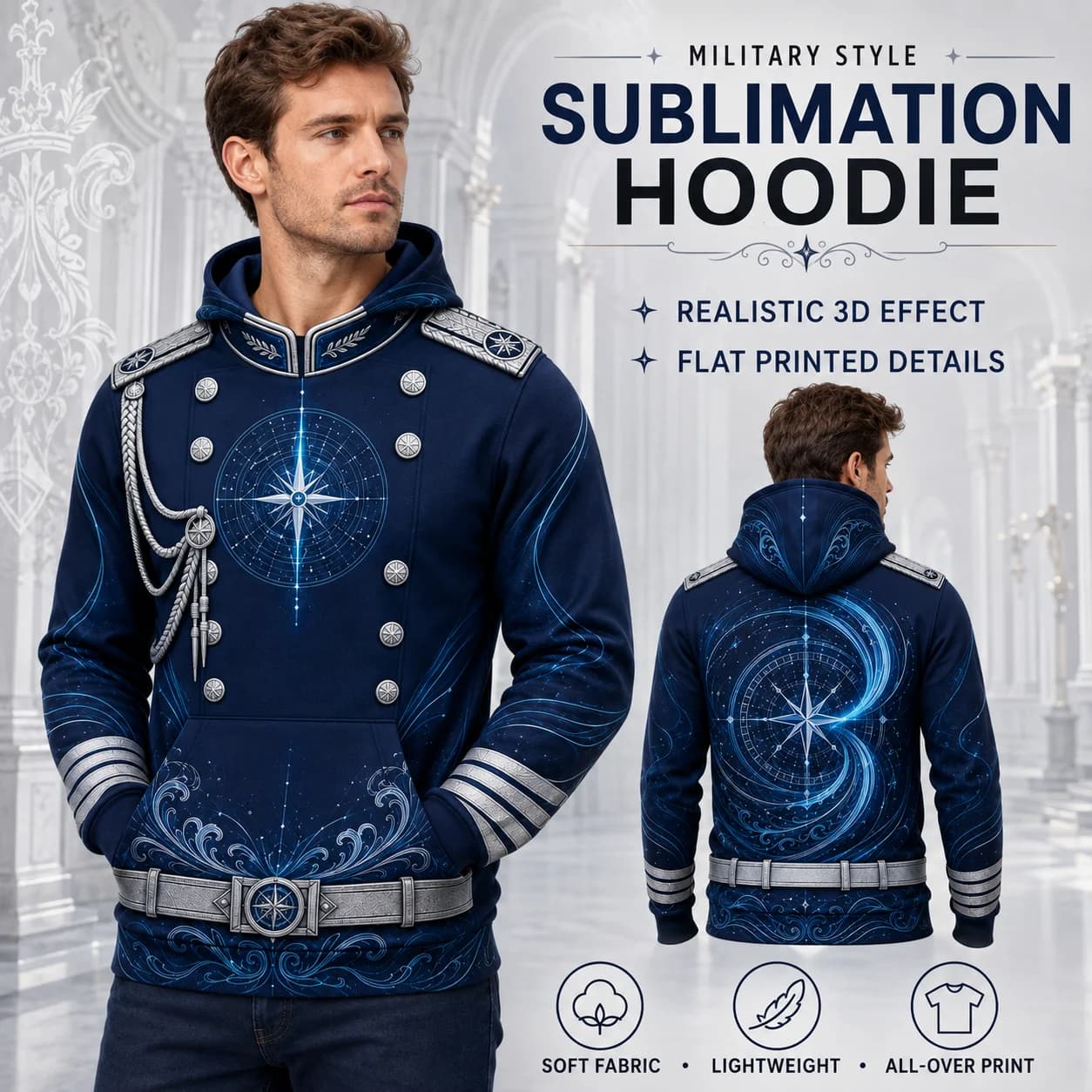 Vintage Military Uniform Hoodie Men Navy Blue Silver 3D Print Officer Inspired Pullover Sweatshirt Retro Streetwear
