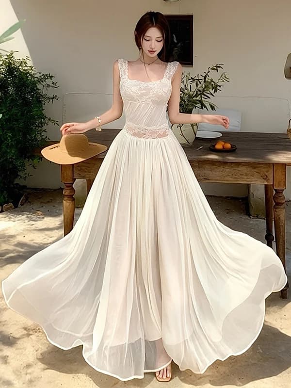 Abito lungo estivo da donna con pizzo e schiena scoperta, vestito sottile a vita aderente, stile elegante per le vacanze, linea ad A