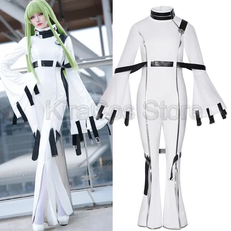 Anime Lelouch of the Rebellion Cosplay Costume C.C. Women White Tight Jumpsuit Belt Sets Halloween Party Dress