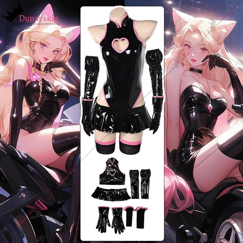 Halloween Demone Cosplay PU Nero Tuta Costumi Sexy Corpo Stretto Abiti da donna Guanto Copricapo Calzino Set per Halloween Outfit