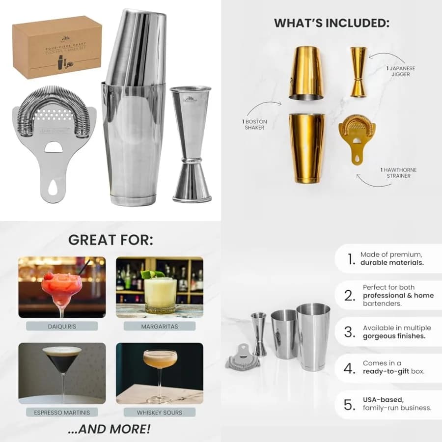 Cocktail Shaker Set, Professional tender Kit with Boston Shaker, Strainer and Jigger, Bar Accessories for Craft Cocktails, Silv
