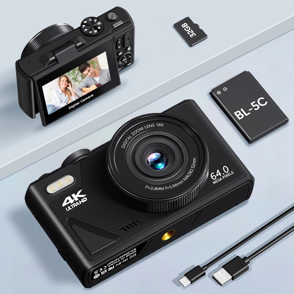 4K Digital Camera for Photography 64MP WiFi Video Camera for YouTube 18X Digital Zoom Auto-focus Vlog Cameras with Flip Screen