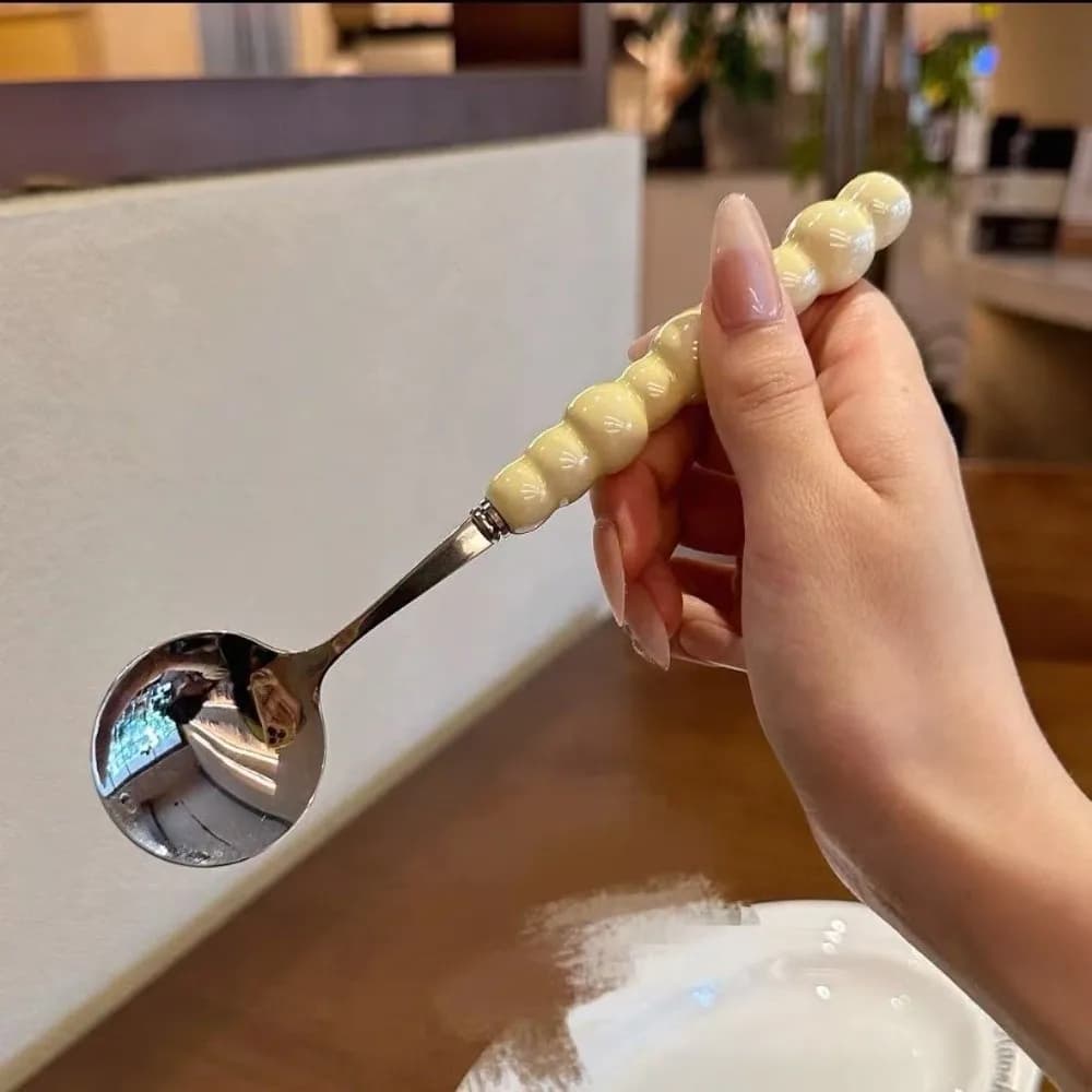 Stainless Steel Pearl Handle Spoon Imitation Ceramic Long Handled Stirring Spoons Five-color Dessert Spoon Kitchen Accessories