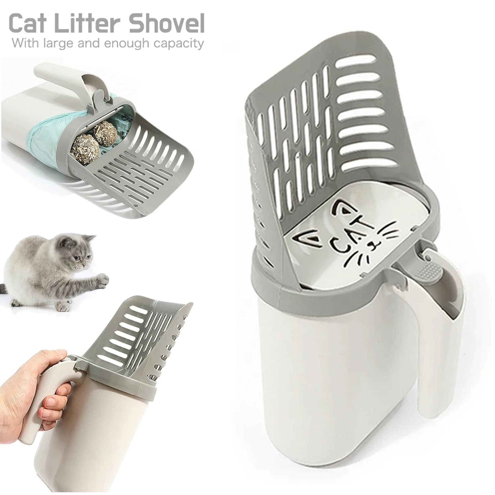 Paletta per lettiera 2 in 1 staccabile con set di deflettori automatici, paletta per la pulizia dei gattini, paletta per la raccolta della sabbia, sacchetto per la raccolta, accessori per gatti