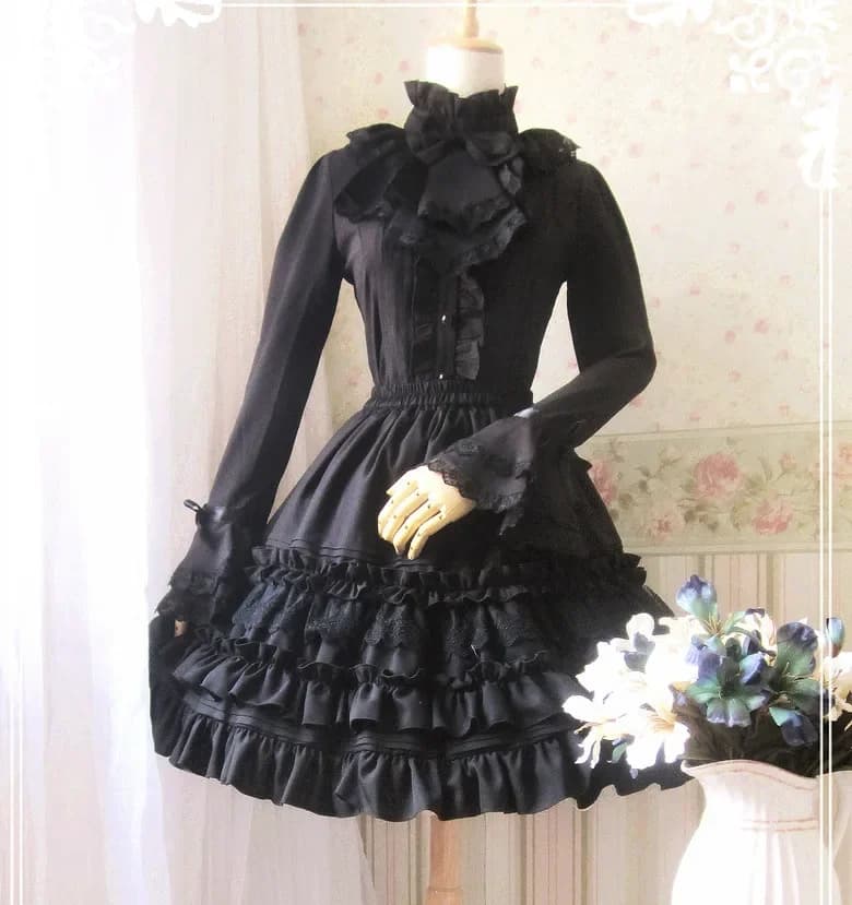 Sweet Lolita Black Ruched Chiffon Dress for Women Skirt