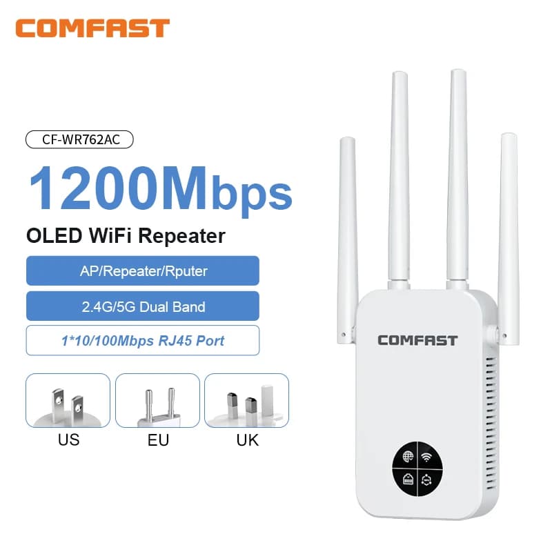 COMFAST 1200Mbps Wifi Repetidor Smart Screen 4 Antenna Wi Fi Amplificador 5.8G 2.4G Wi-Fi Repeater Extender for Home Router
