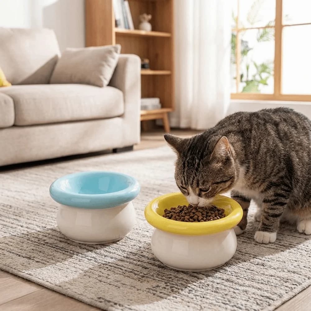 Ceramic Pet High Foot Bowl Flat Mouth Large Capacity Pet Food Bowl Neck Protection Non-slip Cat Elevated Bowl For Dogs Cats