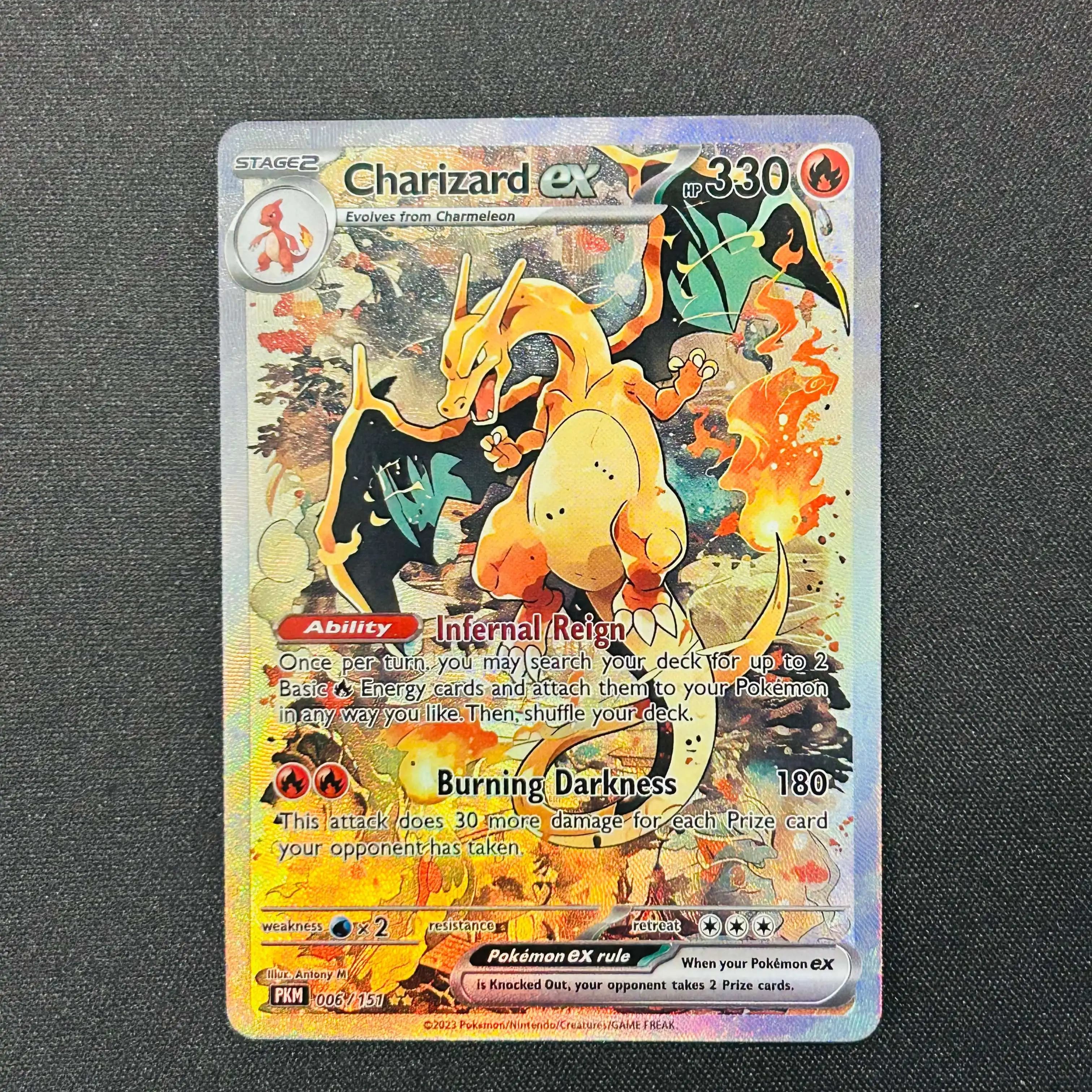 Pokemon English Charizard ex 006/151 DIY Holographic Foil Texture Card, Perfect Condition Premium Anime Collection Card