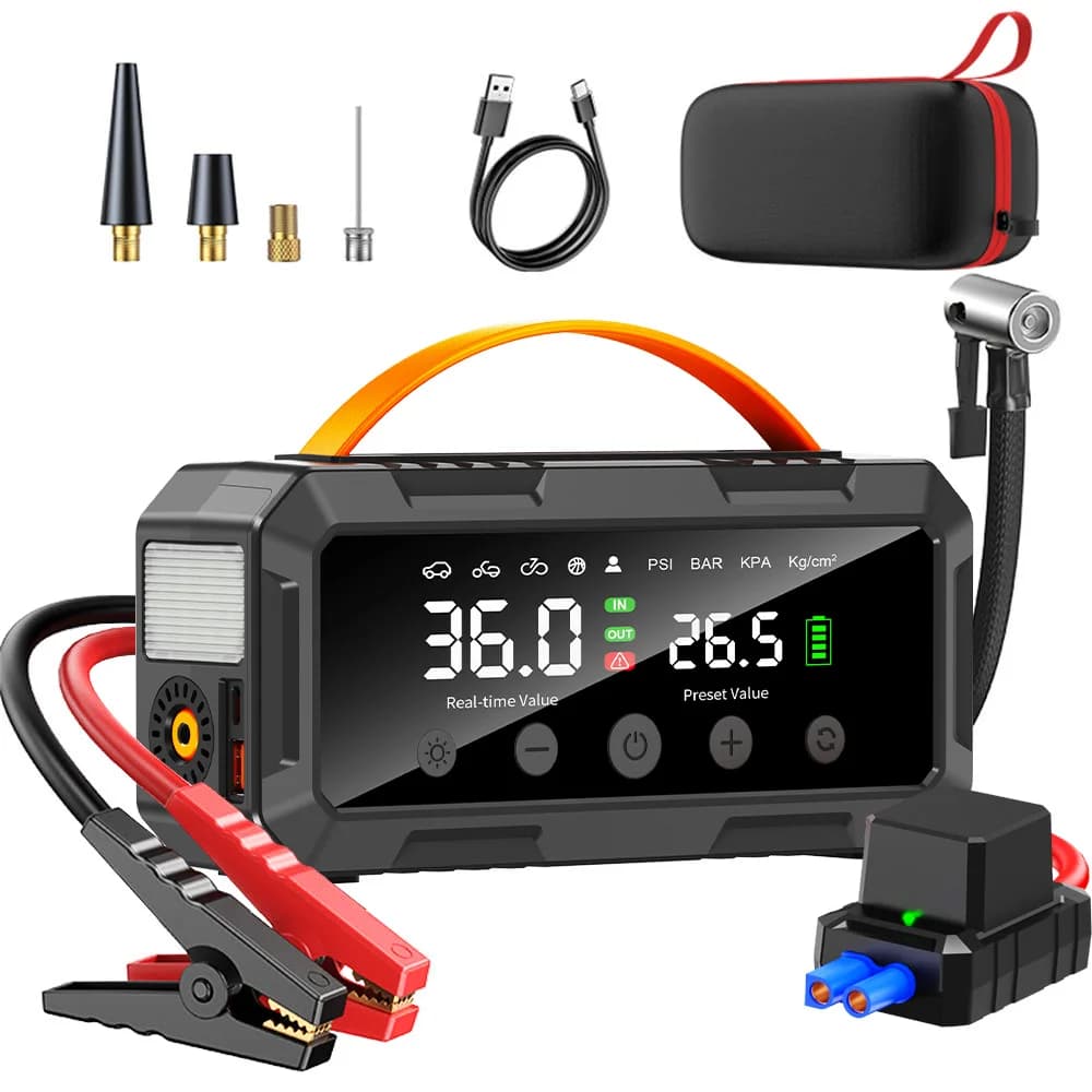 Avviatore di Emergenza 12V per Auto con Compressore d'Aria Super Potente da 200 PSI, Doppio Cilindro da 25mm, 10000A, Funzione Power Bank e Booster Batteria