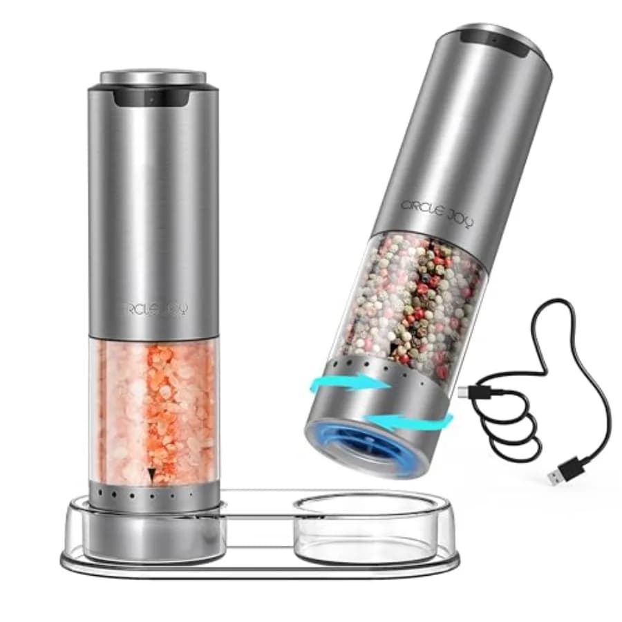 Set Macinapepe e Macinasale Elettrico Ricaricabile con Base, Macinapepe in Acciaio Inox con Contenitore da 95ml, Luce LED Bianca