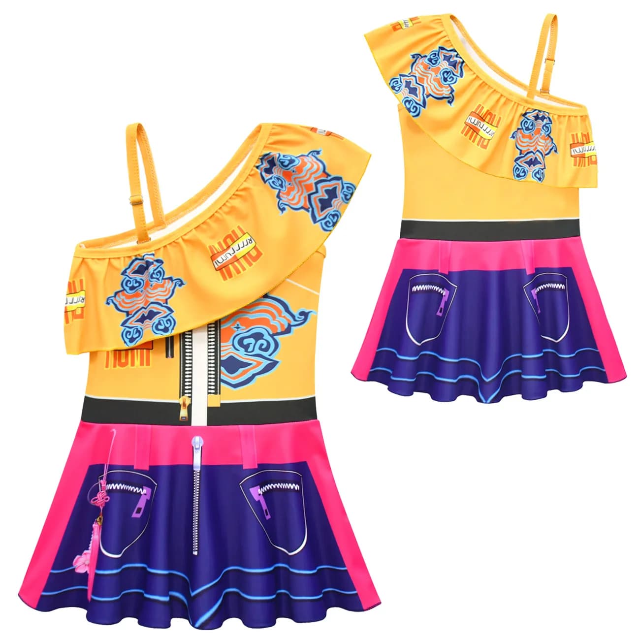 Set 2 Pezzi Nuovo Costume da Bagno Intero Monospalla per Bambine con Cappello da Nuoto, Abbigliamento da Spiaggia, Costume Intero con Gonna per Bambini 20689