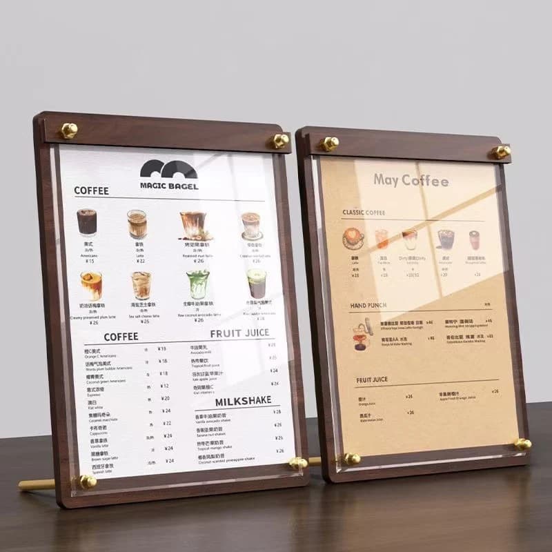 Custom A4/A5 Acrylic Wood Grain Menu Price List Display Stand for Milk Tea & Coffee Shop Order Sign Board Advertising Table Sign