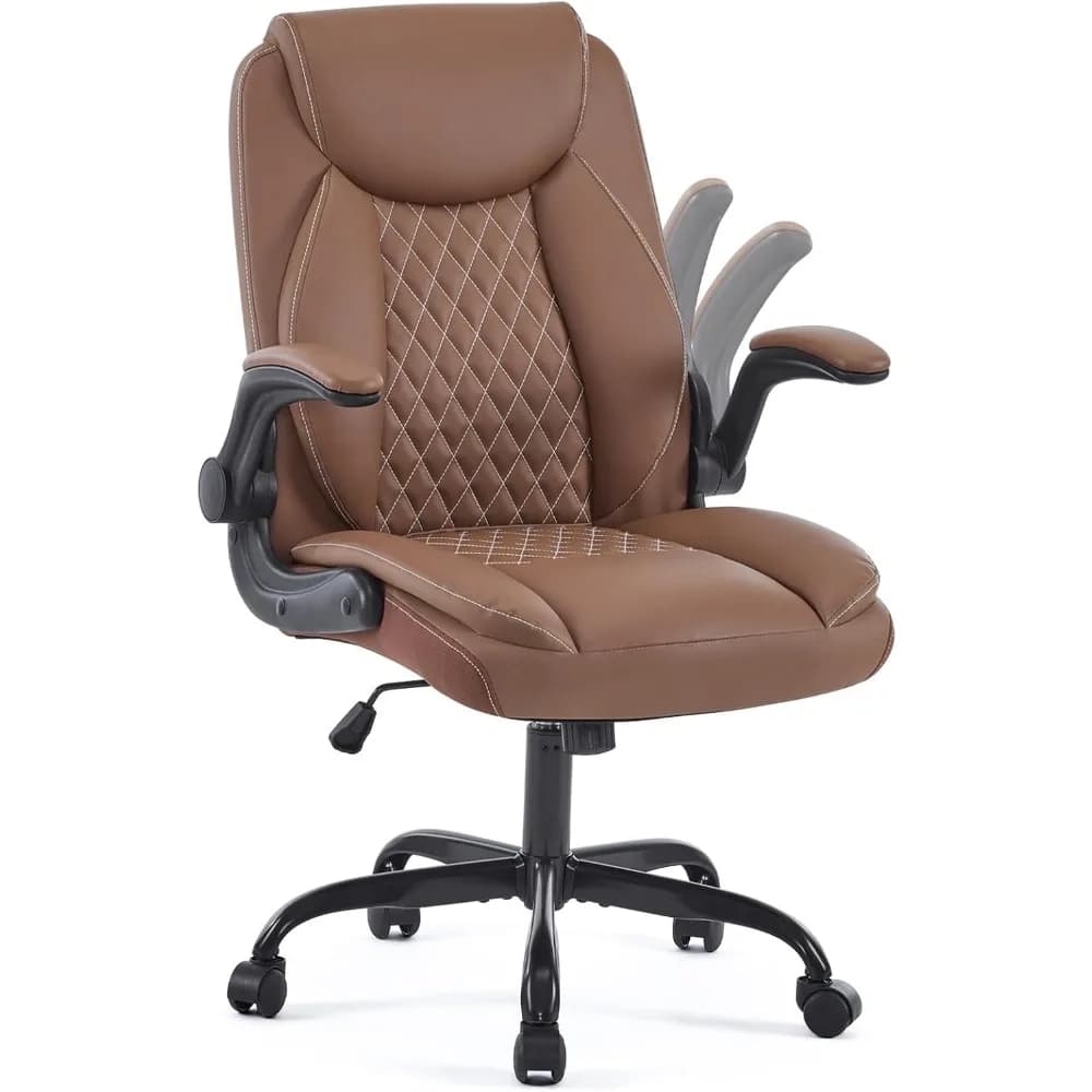 YFO Leather Office Ergonomic Home Office Desk Chair, Back Support Swivel Executive Office Chair with Wheels and Flip-Up Armrests, Small Gaming Chair with Adjustable Rocking Function, Brown