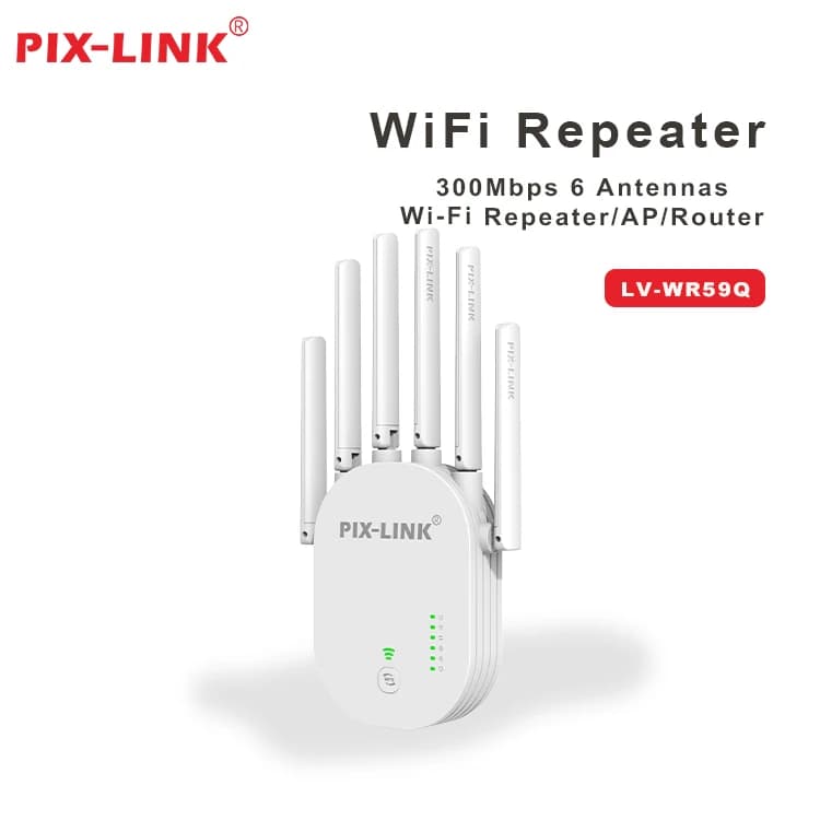PIX-LINK WR59Q N300 Ripetitore/AP/Router WiFi 300Mbps con 6 Antenne, WPS, Spina EU/US/UK, Estensore di Portata WiFi, Amplificatore di Segnale WiFi